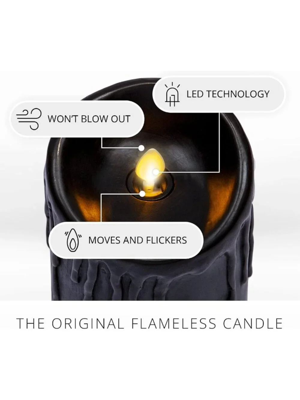 Black Wax Drip Flameless LED Candle - Battery Operated, Moving Flame, Timer